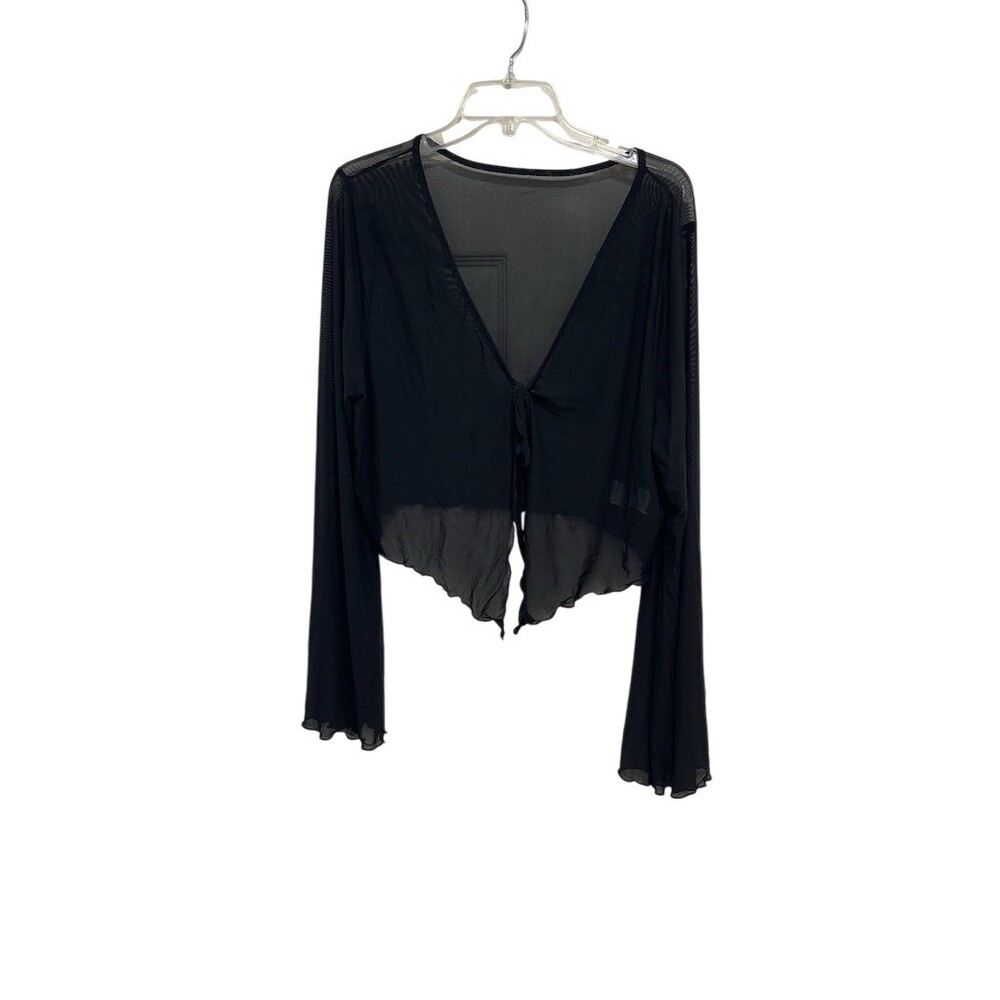Womens 1X Black Sheer Mesh Tie Front Cropped V-Neck Overpiece
